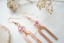 Real Pressed Flowers Earrings, Rose Gold Arch Drops with Pink Heathers