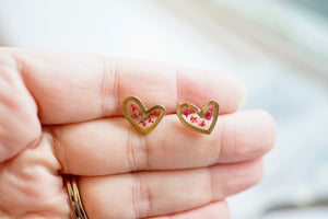 Real Pressed Flowers and Resin Stud Earrings, Gold Hearts in Pink and Red - Imperfect