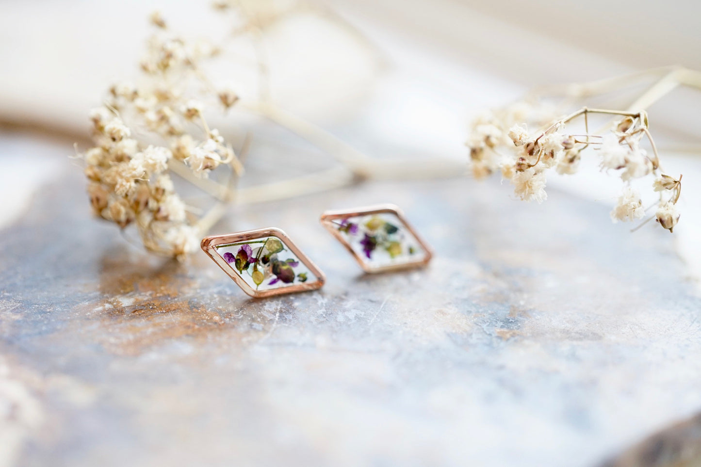 Real Pressed Flowers and Resin Stud Earrings, Rose Gold Diamonds in Purple Alyssum and Green Lapidis