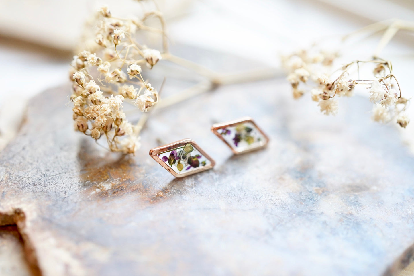 Real Pressed Flowers and Resin Stud Earrings, Rose Gold Diamonds in Purple Alyssum and Green Lapidis