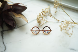 Real Pressed Flowers and Resin Stud Earrings, Rose Gold Circles in Mint Burgundy Blue