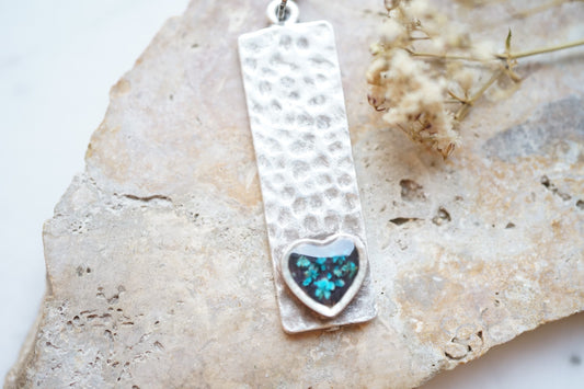 Real Pressed Flowers in Resin Necklace, Silver Heart Necklace in Teal