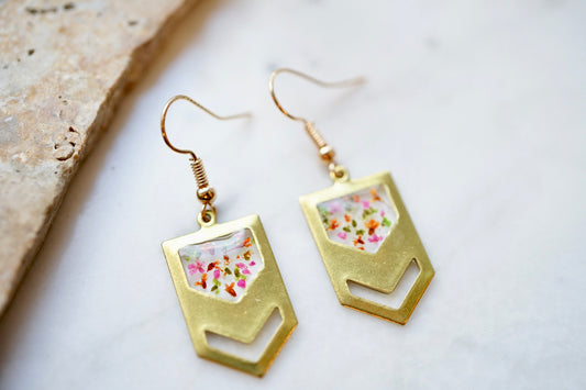 Real Pressed Flowers Earrings, Gold Chevron Drops in Pink Orange Green