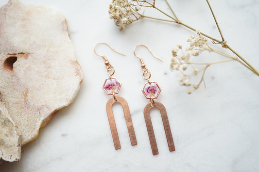 Real Pressed Flowers Earrings, Rose Gold Arch Drops with Pink Heathers