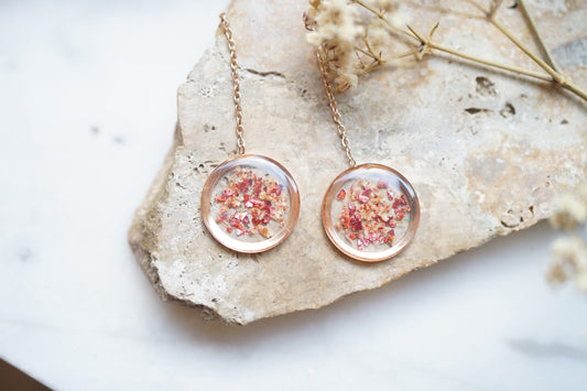 Real Pressed Flowers Earrings, Rose Gold Threaders in Peach