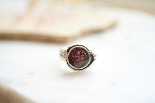 Real Pressed Flower and Resin Ring, Silver Band with Pink Heathers