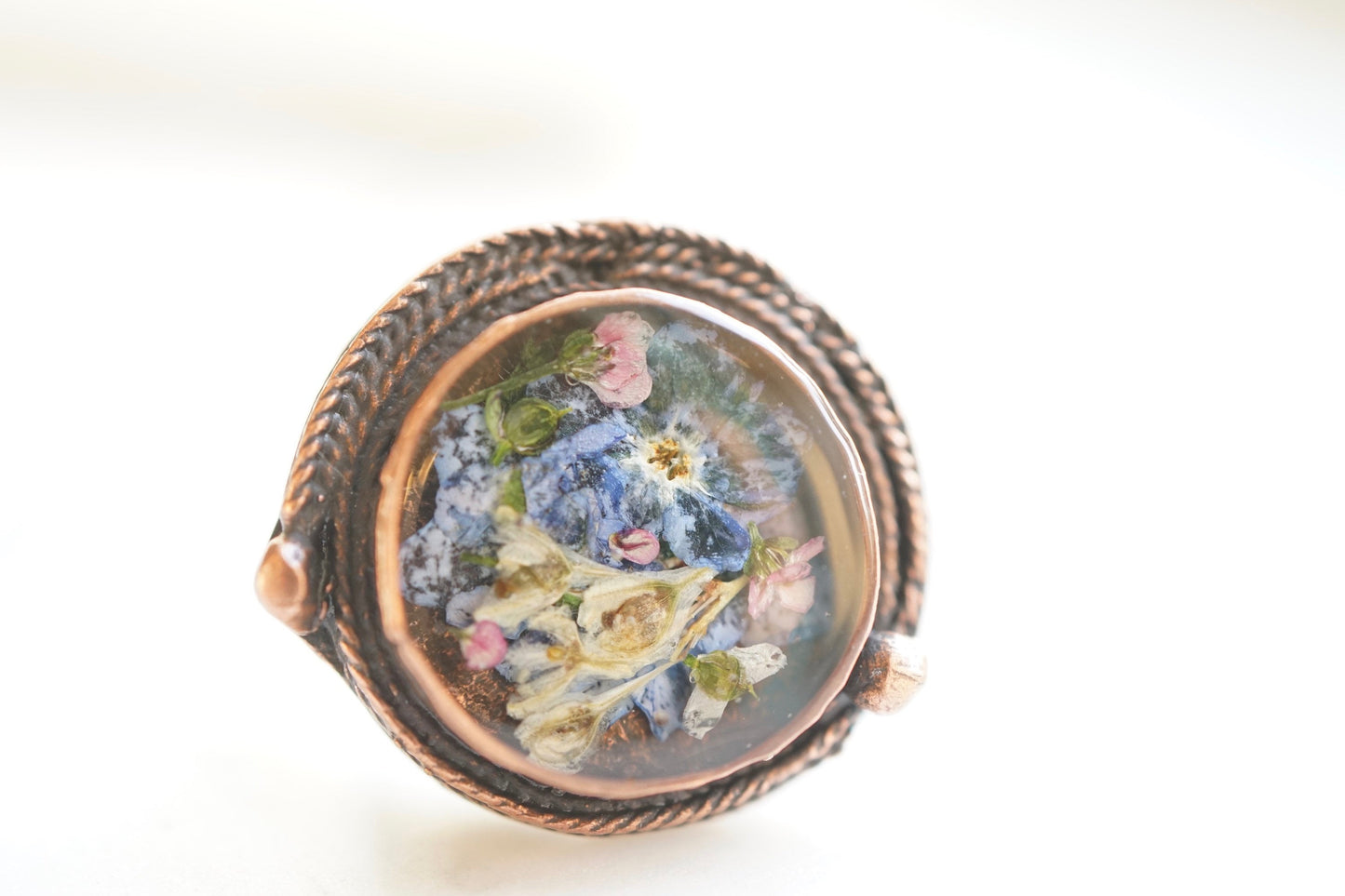 Real Pressed Flower and Resin Ring, Copper and Mixed Flowers