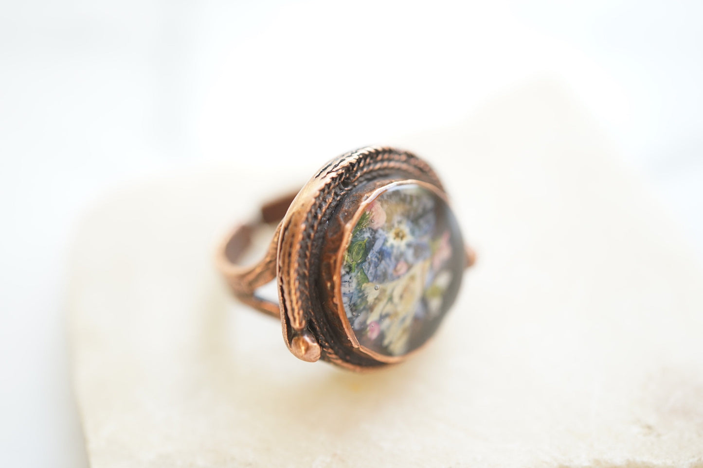 Real Pressed Flower and Resin Ring, Copper and Mixed Flowers