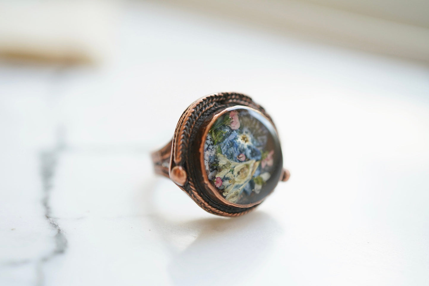 Real Pressed Flower and Resin Ring, Copper and Mixed Flowers