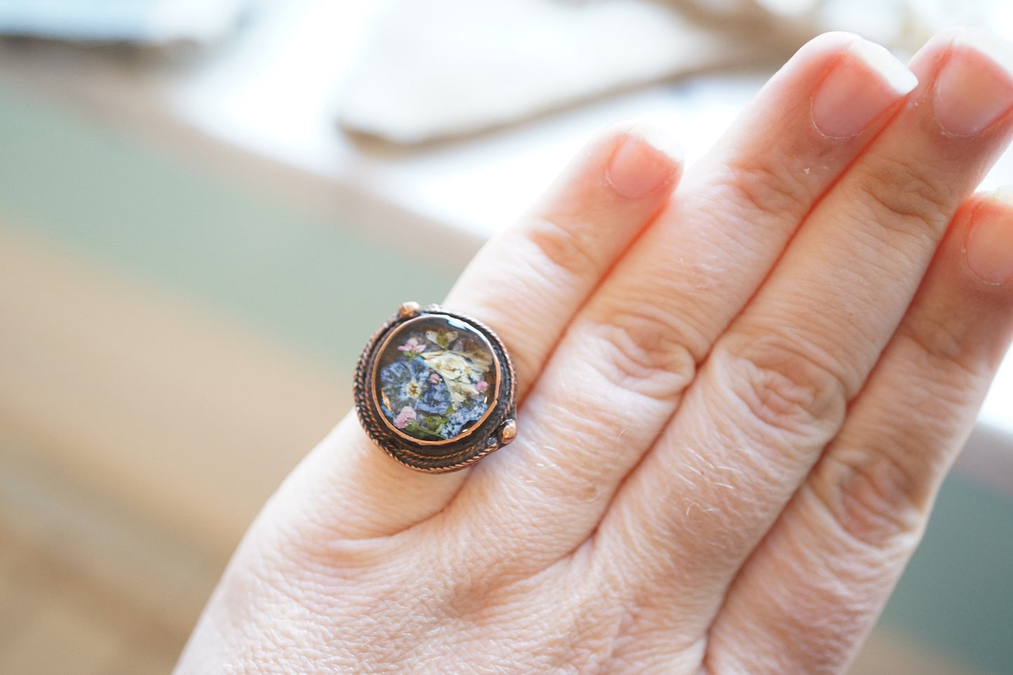 Real Pressed Flower and Resin Ring, Copper and Mixed Flowers