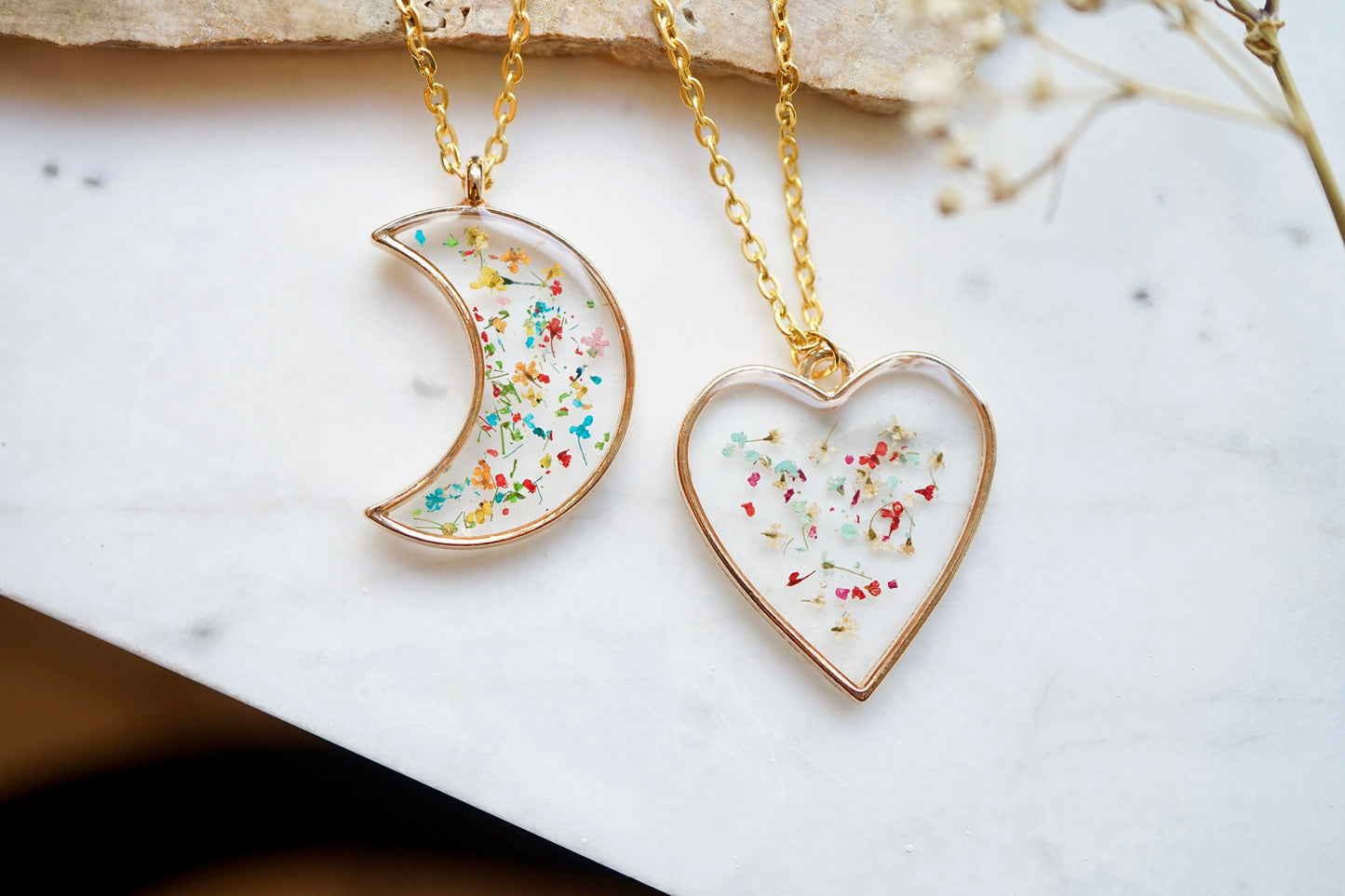 Real Pressed Flowers in Resin, Silver Moon Necklace in Party Mix