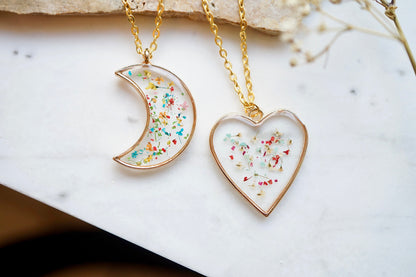 Real Pressed Flowers in Resin, Silver Moon Necklace in Party Mix