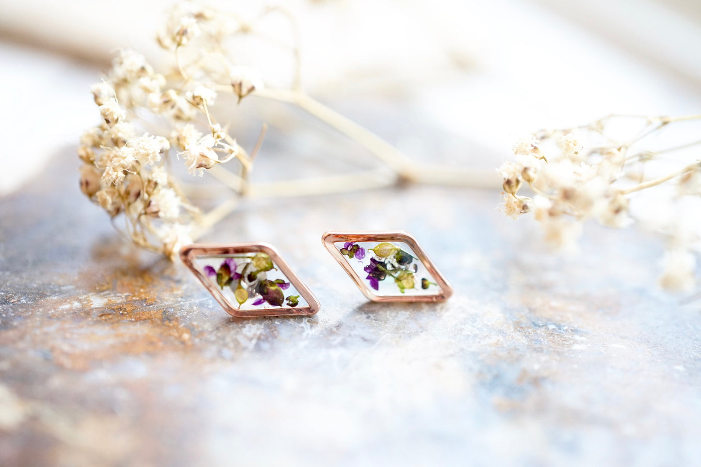 Real Pressed Flowers and Resin Stud Earrings, Rose Gold Diamonds in Purple Alyssum and Green Lapidis