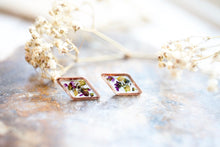 Real Pressed Flowers and Resin Stud Earrings, Rose Gold Diamonds in Purple Alyssum and Green Lapidis