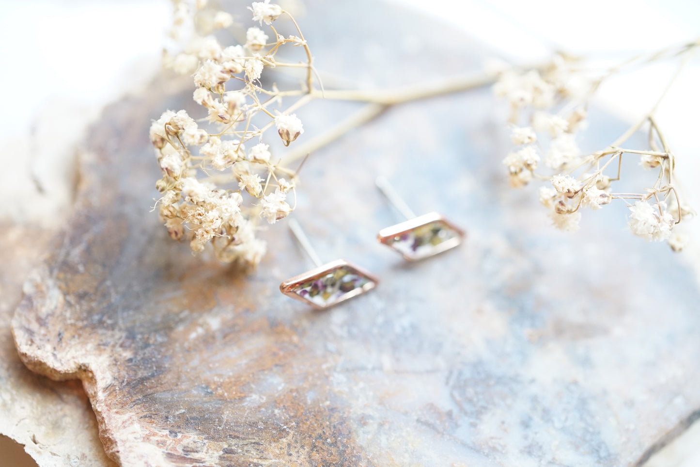 Real Pressed Flowers and Resin Stud Earrings, Rose Gold Diamonds in Purple Alyssum and Green Lapidis