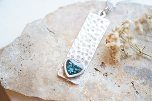 Real Pressed Flowers in Resin Necklace, Silver Heart Necklace in Teal