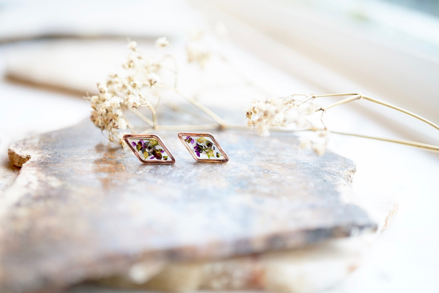 Real Pressed Flowers and Resin Stud Earrings, Rose Gold Diamonds in Purple Alyssum and Green Lapidis