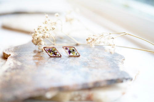 Real Pressed Flowers and Resin Stud Earrings, Rose Gold Diamonds in Purple Alyssum and Green Lapidis