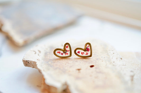 Real Pressed Flowers and Resin Stud Earrings, Gold Hearts in Pink and Red - Imperfect