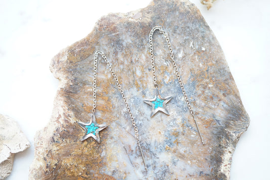 Real Pressed Flowers Earrings, Silver Star Threaders in Teal