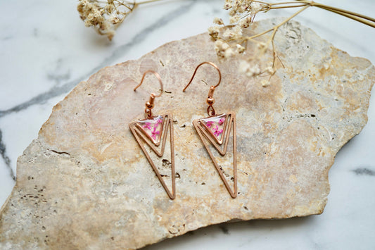 Real Pressed Flowers Earrings, Rose Gold Triangle Drops in Pink