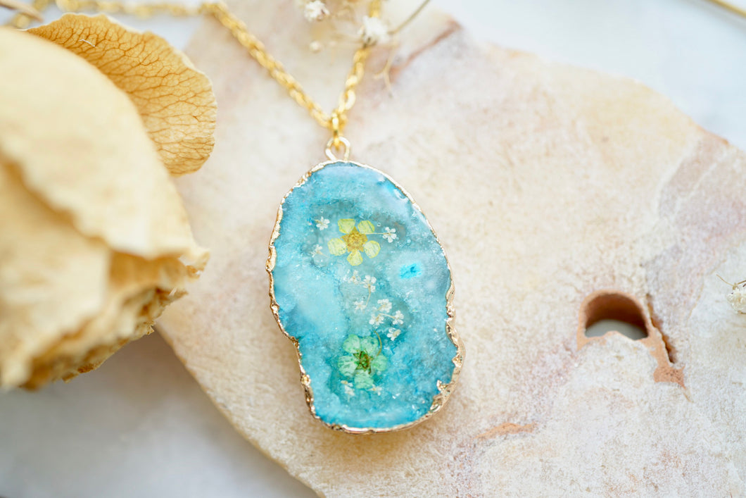 Real Pressed Flowers in Resin, Gold and Blue Druzy Geode Necklace with Green Yellow White