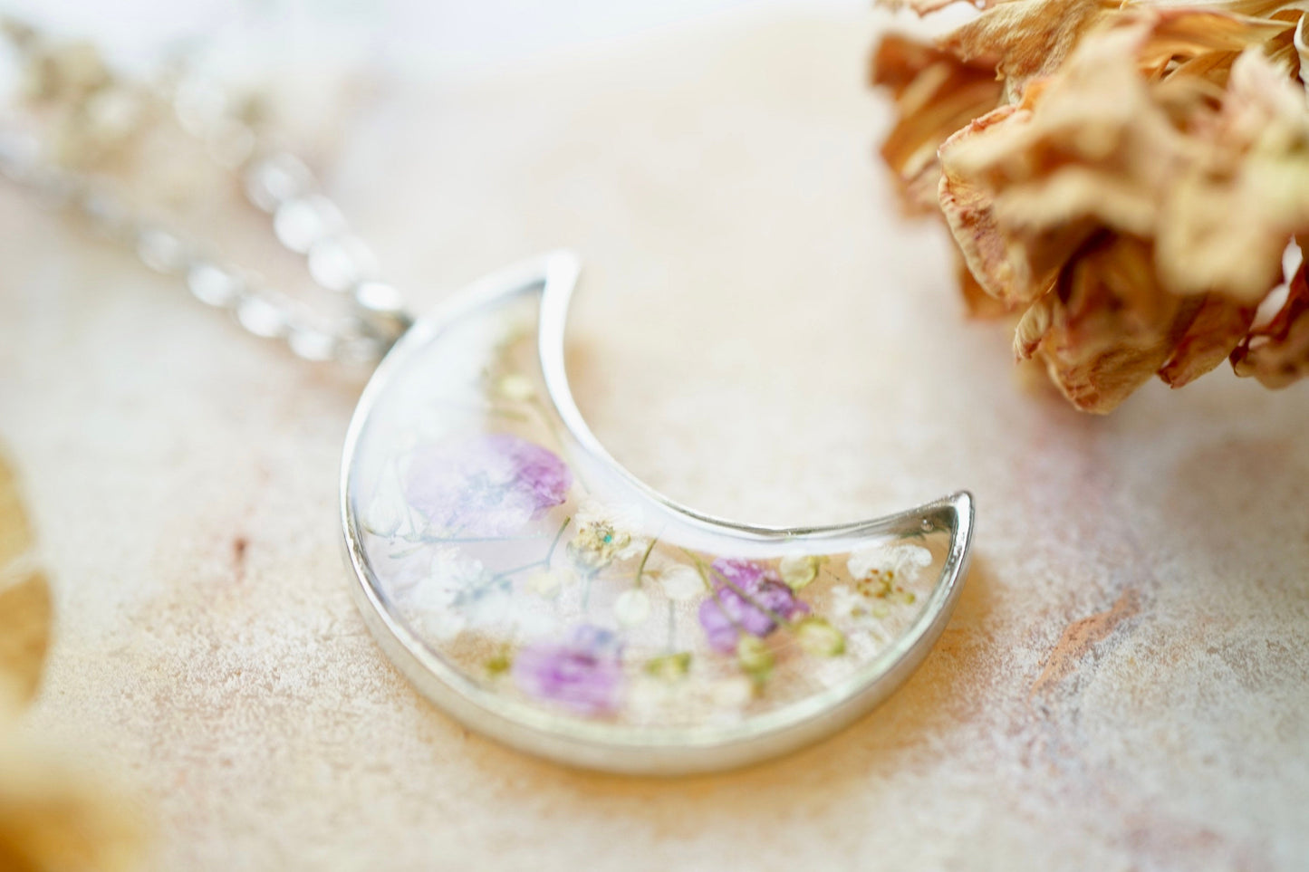 Real Pressed Flowers in Resin, Silver Moon Necklace in Purple and White