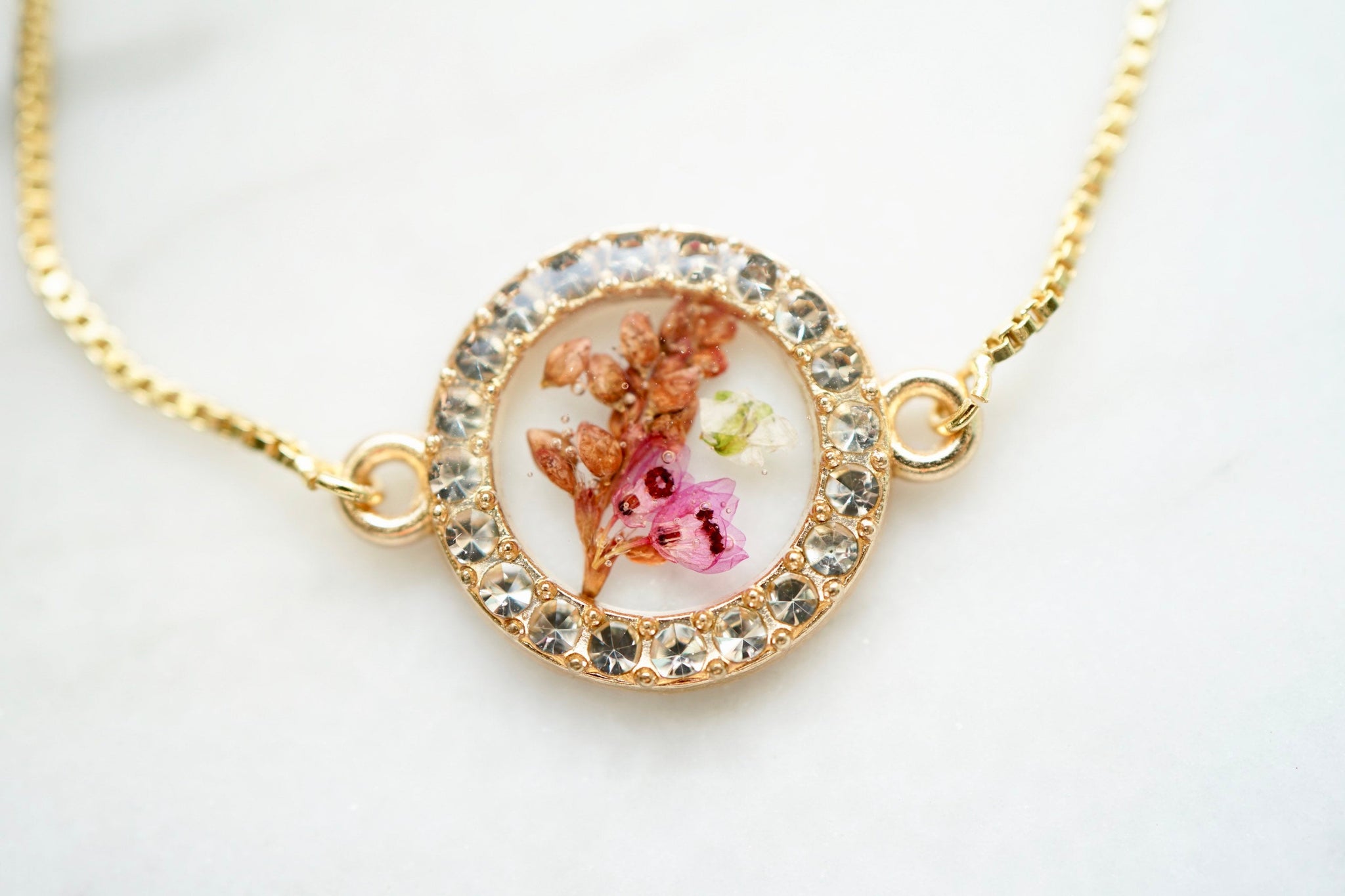 Real Pressed Flowers and Resin Adjustable Bracelet, Gold And