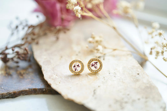 Real Pressed Flowers and Resin Stud Earrings, Gold and Crystals with Purple Flowers