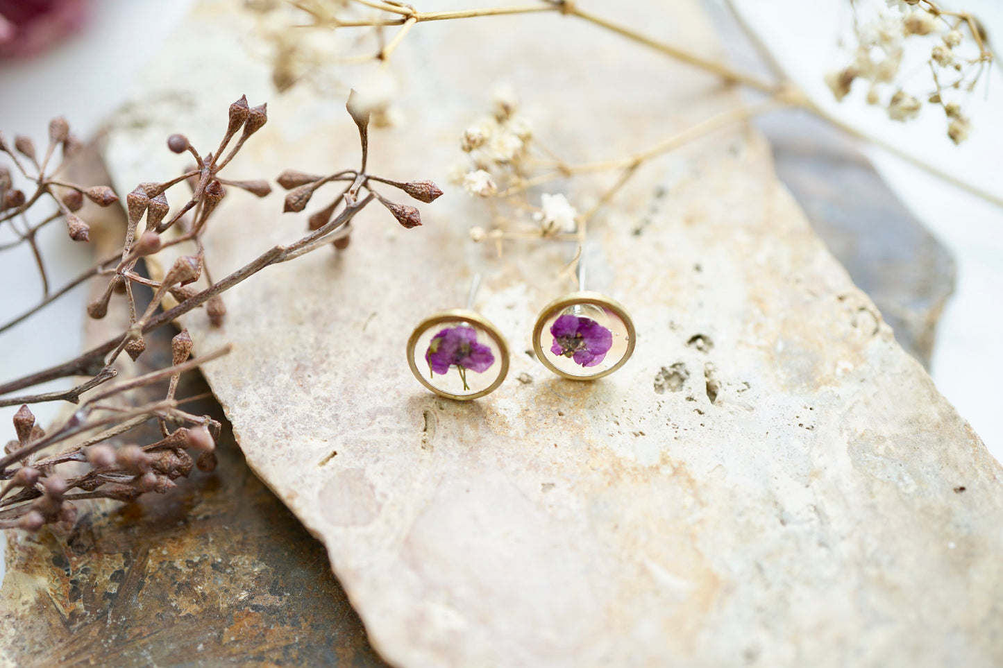 Real Pressed Flowers and Resin Stud Earrings, Brass Circles with Purple Alyssum