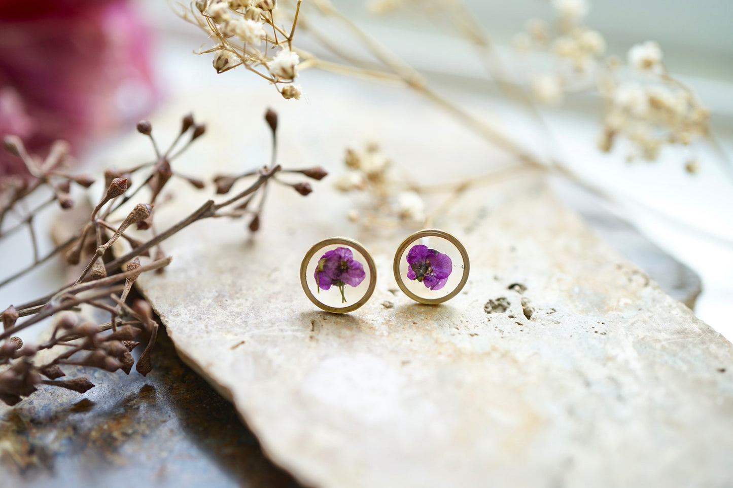 Real Pressed Flowers and Resin Stud Earrings, Brass Circles with Purple Alyssum