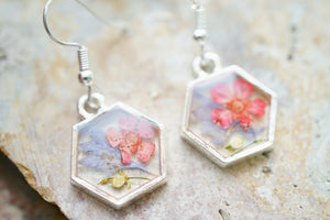 Real Pressed Flowers Earrings, Silver Hexagons with Mixed Flowers