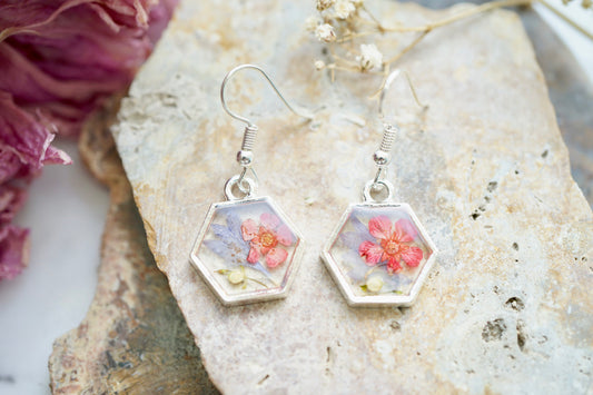 Real Pressed Flowers Earrings, Silver Hexagons with Mixed Flowers