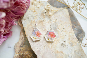 Real Pressed Flowers Earrings, Silver Hexagons with Mixed Flowers