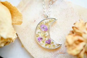 Real Pressed Flowers in Resin, Silver Moon Necklace in Purple and White