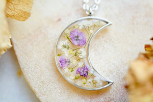 Real Pressed Flowers in Resin, Silver Moon Necklace in Purple and White