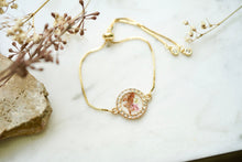 Real Pressed Flowers and Resin Adjustable Bracelet, Gold And Crystals with Flower Mix
