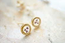 Real Pressed Flowers and Resin Stud Earrings, Gold and Crystals with Purple Flowers