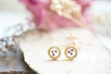 Real Pressed Flowers and Resin Stud Earrings, Gold and Crystals with Purple Flowers