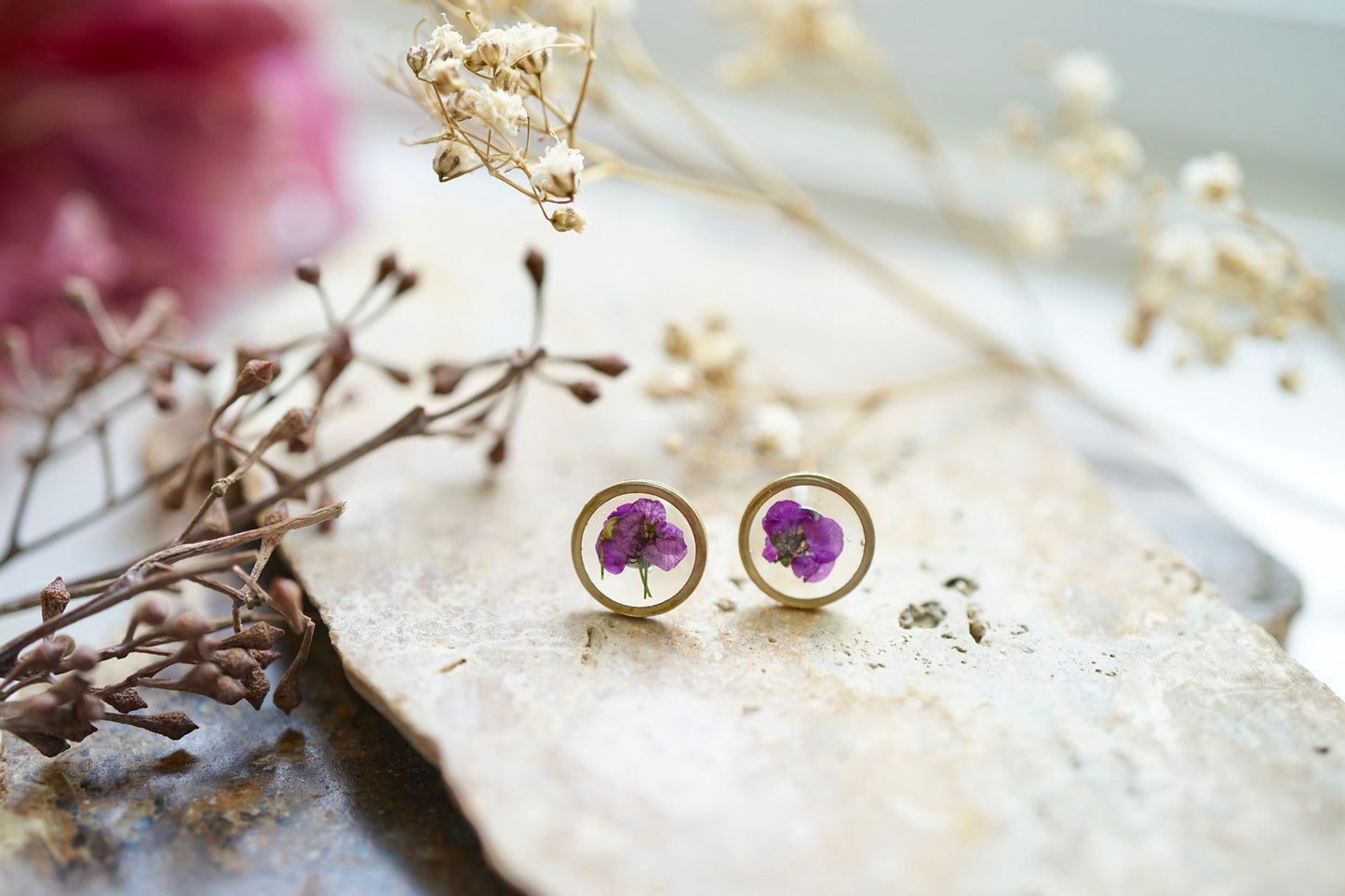 Real Pressed Flowers and Resin Stud Earrings, Brass Circles with Purple Alyssum