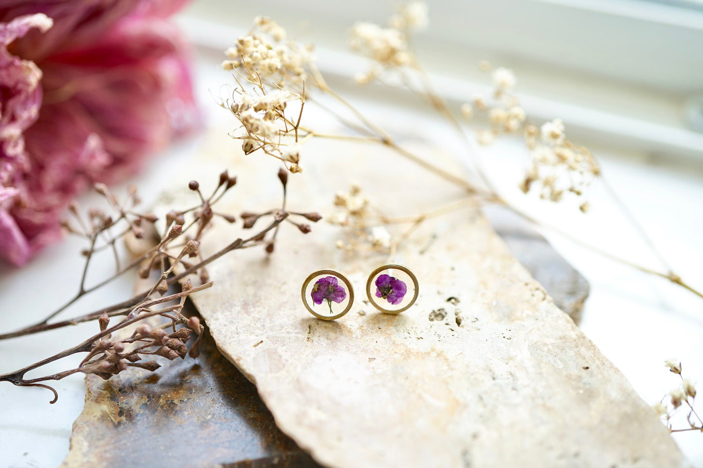 Real Pressed Flowers and Resin Stud Earrings, Brass Circles with Purple Alyssum