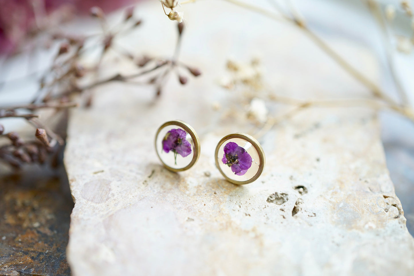 Real Pressed Flowers and Resin Stud Earrings, Brass Circles with Purple Alyssum