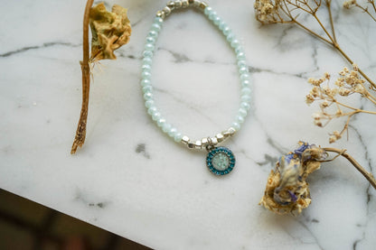 Real Pressed Flowers and Resin Beaded Bracelet, Silver and  Mint with Teal Flowers