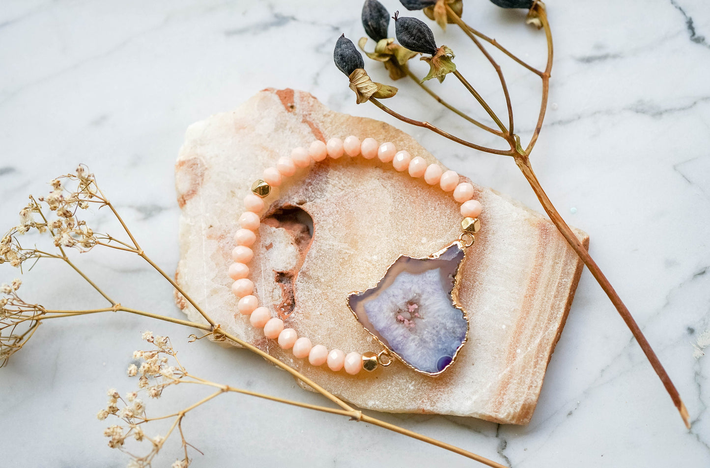 Real Pressed Flowers and Resin Beaded Bracelet, Purple Druzy Geode in Peach Pink Gold