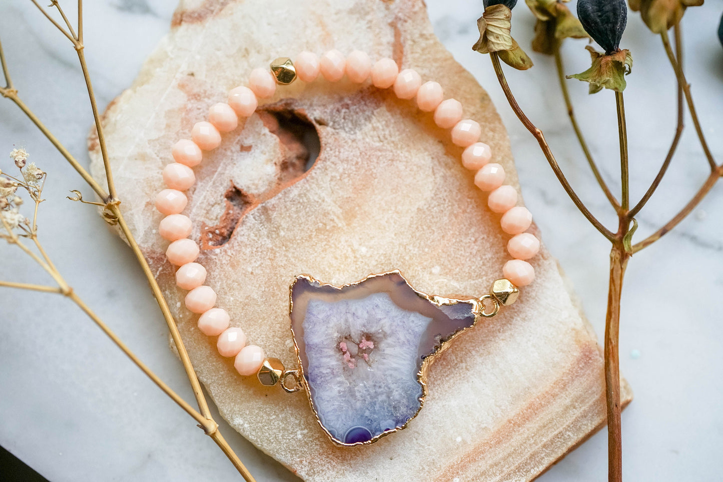 Real Pressed Flowers and Resin Beaded Bracelet, Purple Druzy Geode in Peach Pink Gold