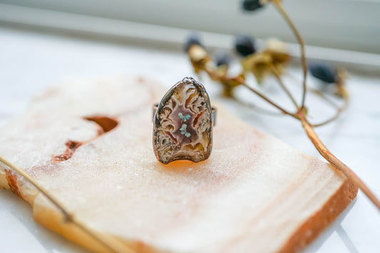 Real Pressed Flower and Resin Ring, Geode Druzy Copper Ring in Mint