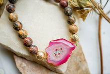 Real Pressed Flowers and Resin Beaded Bracelet, Pink Druzy Geode in Brown and Mint