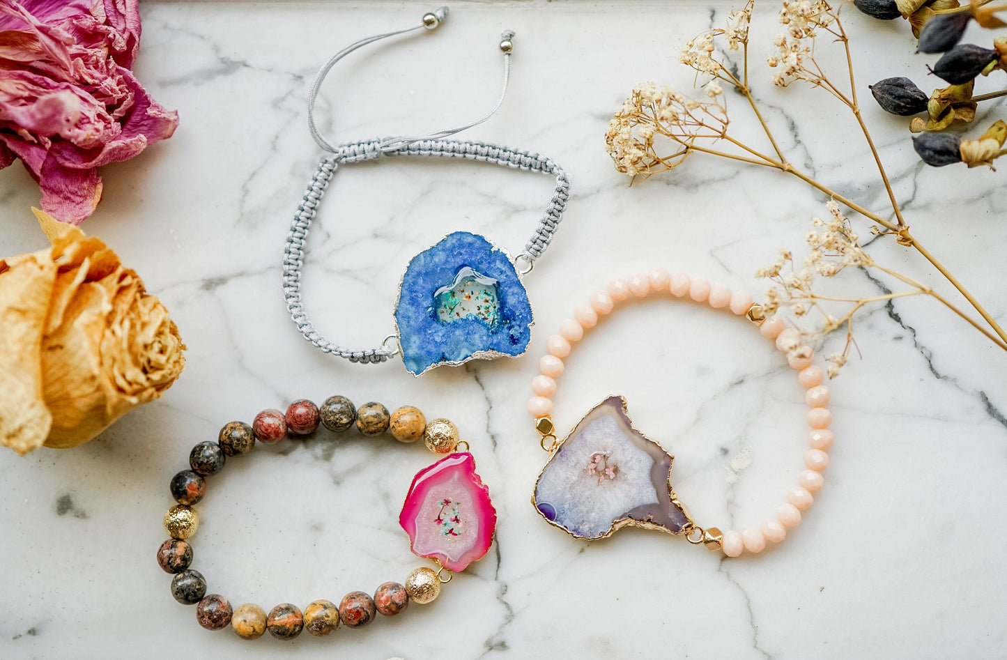 Real Pressed Flowers and Resin Beaded Bracelet, Pink Druzy Geode in Brown and Mint