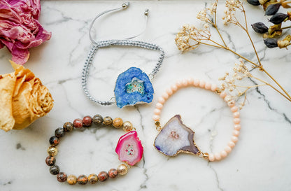Real Pressed Flowers and Resin Beaded Bracelet, Pink Druzy Geode in Brown and Mint