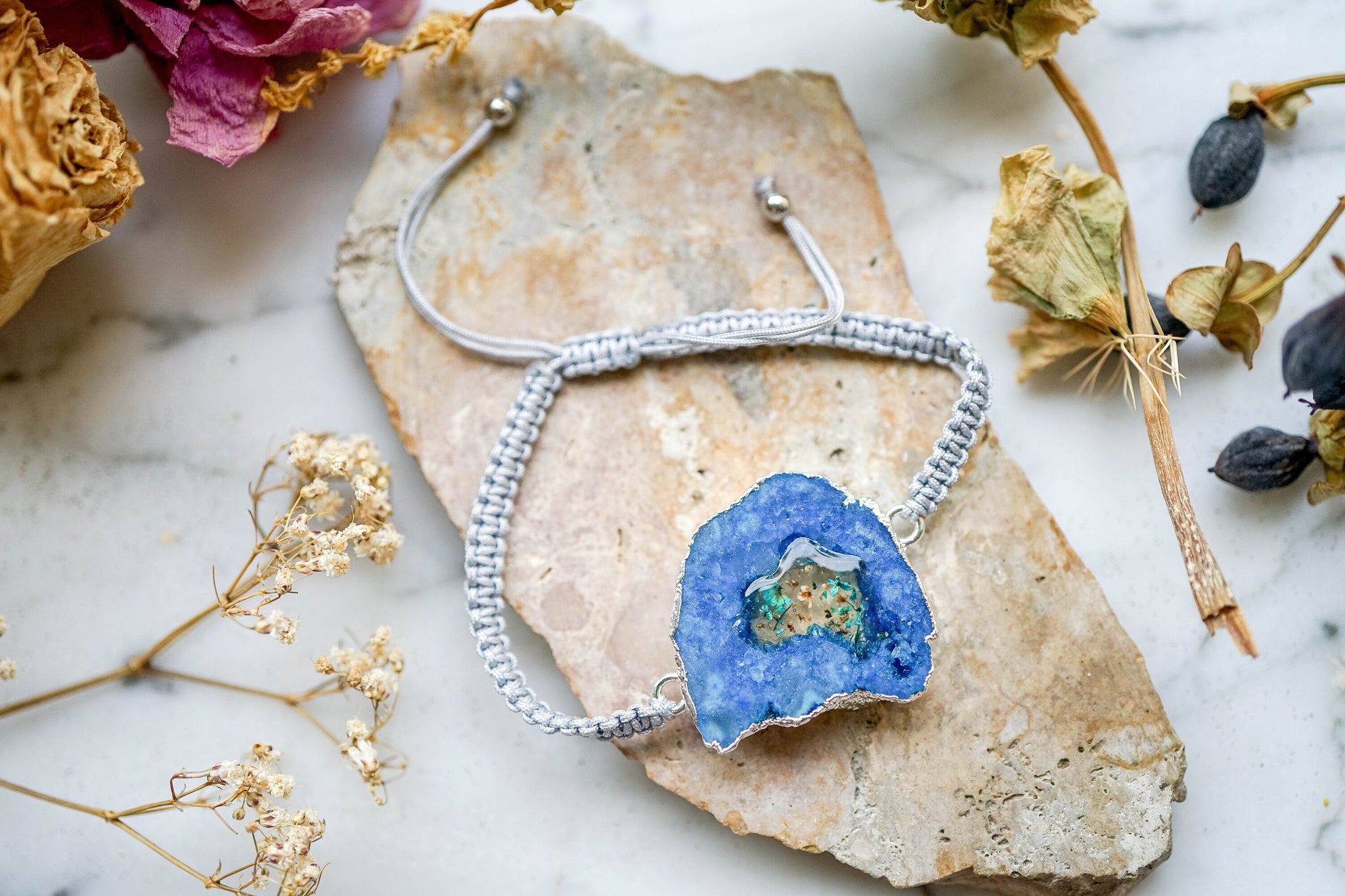 Real Pressed Flowers and Resin Beaded Bracelet, Blue Druzy Geode